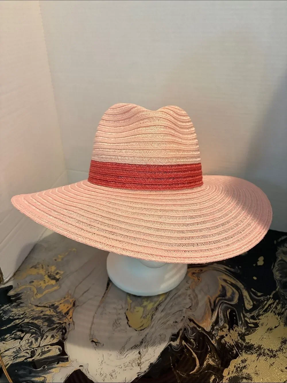 Eugenia Kim Pink Wide-Brim Straw Hat with Coral Band